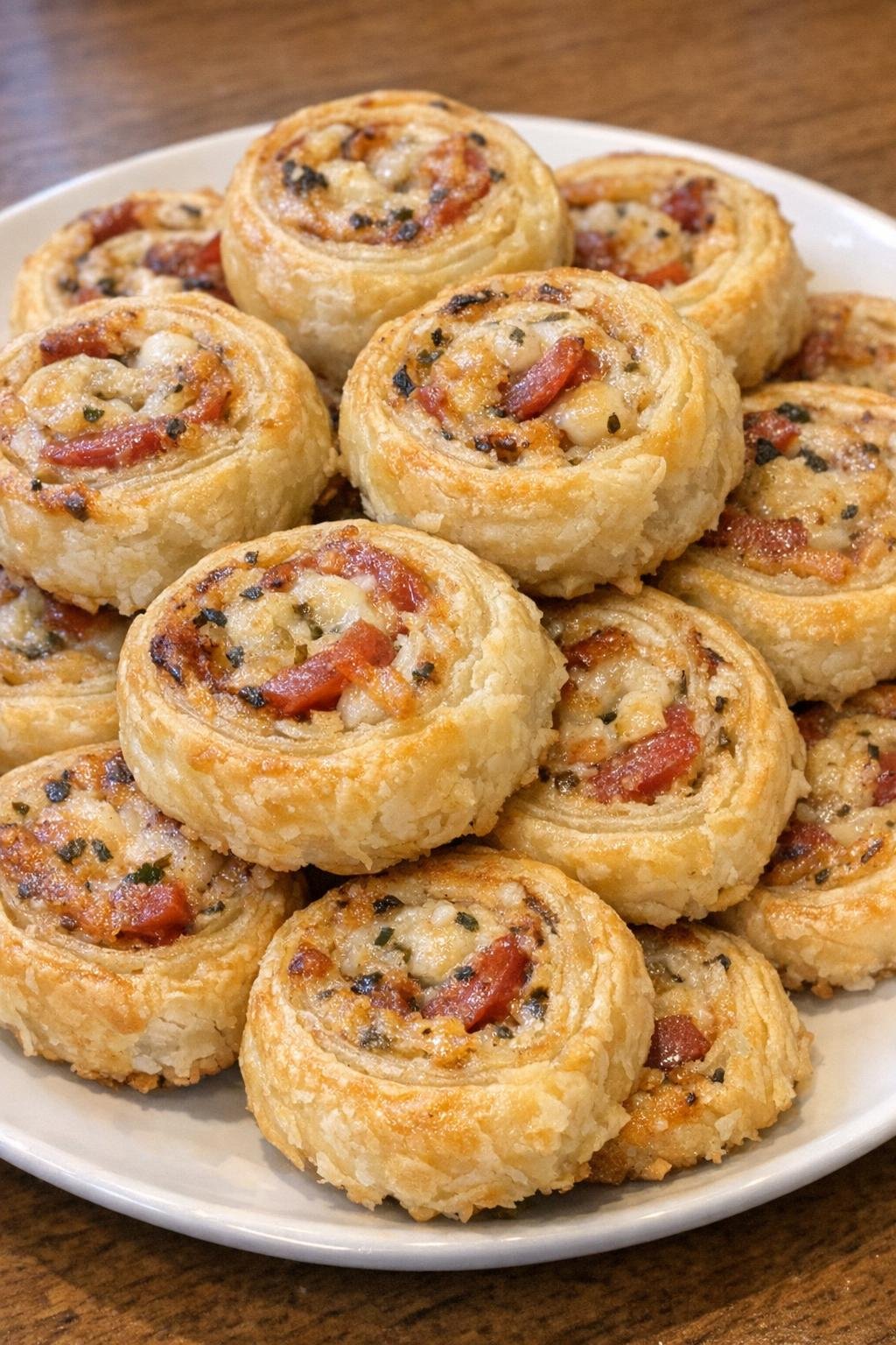 Golden flaky pastry spirals on a white plate