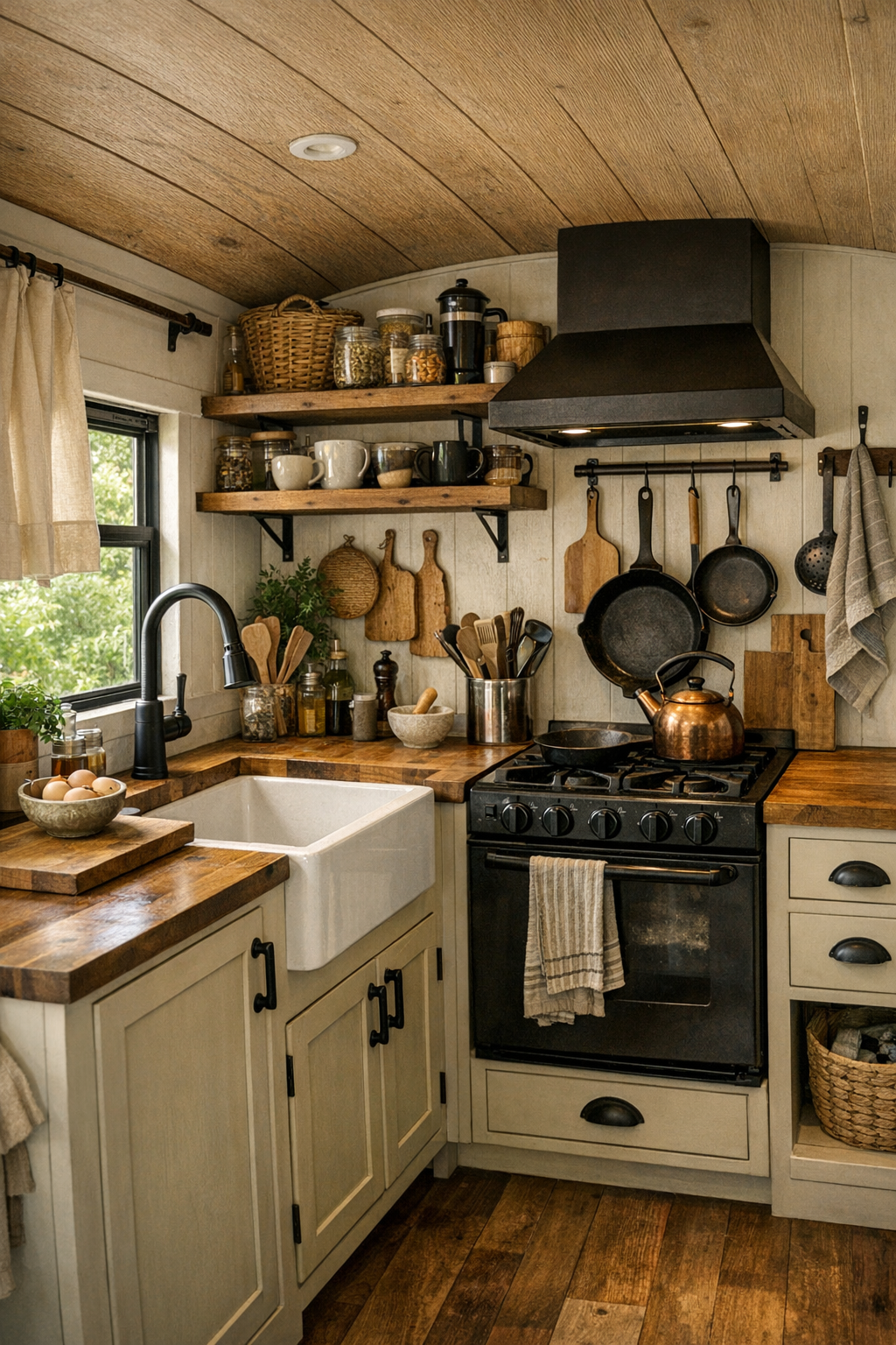 Compact rustic bus kitchen with butcher block counters and open shelving