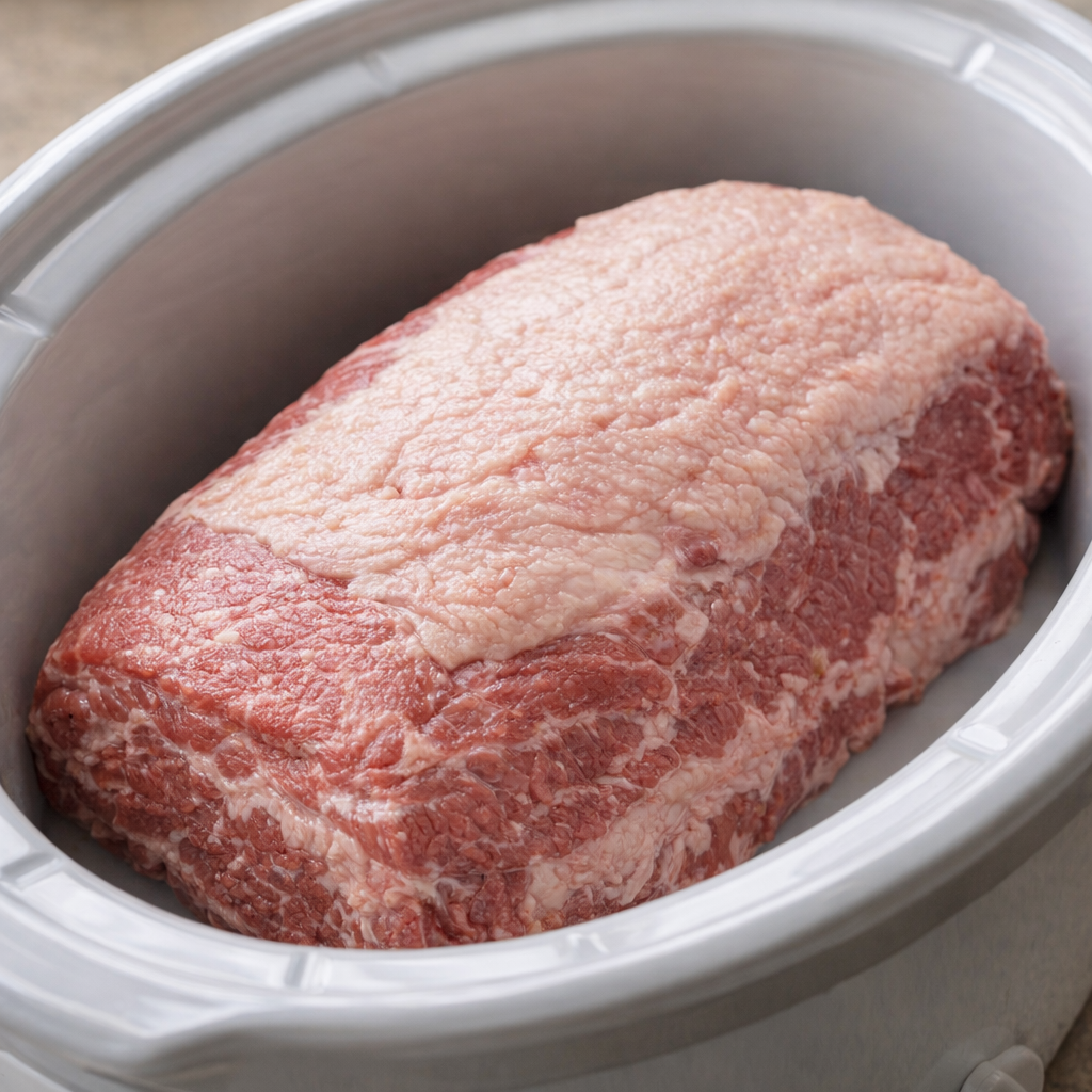 Corned beef brisket placed in slow cooker