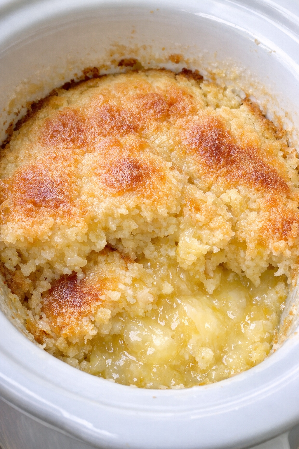 Slow cooker frosted lemonade cobbler in a white slow cooker
