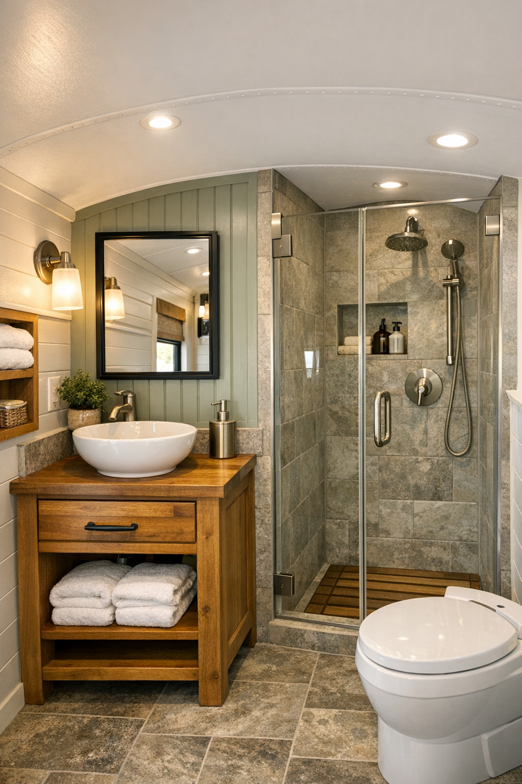 Compact rustic bathroom in a converted bus with wood vanity and glass shower