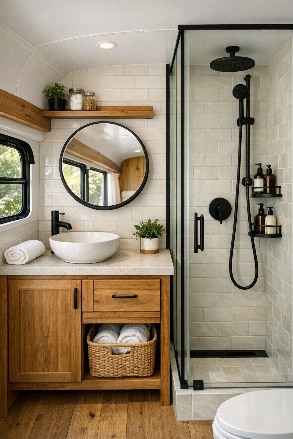 Compact bus bathroom with wood vanity and light tile
