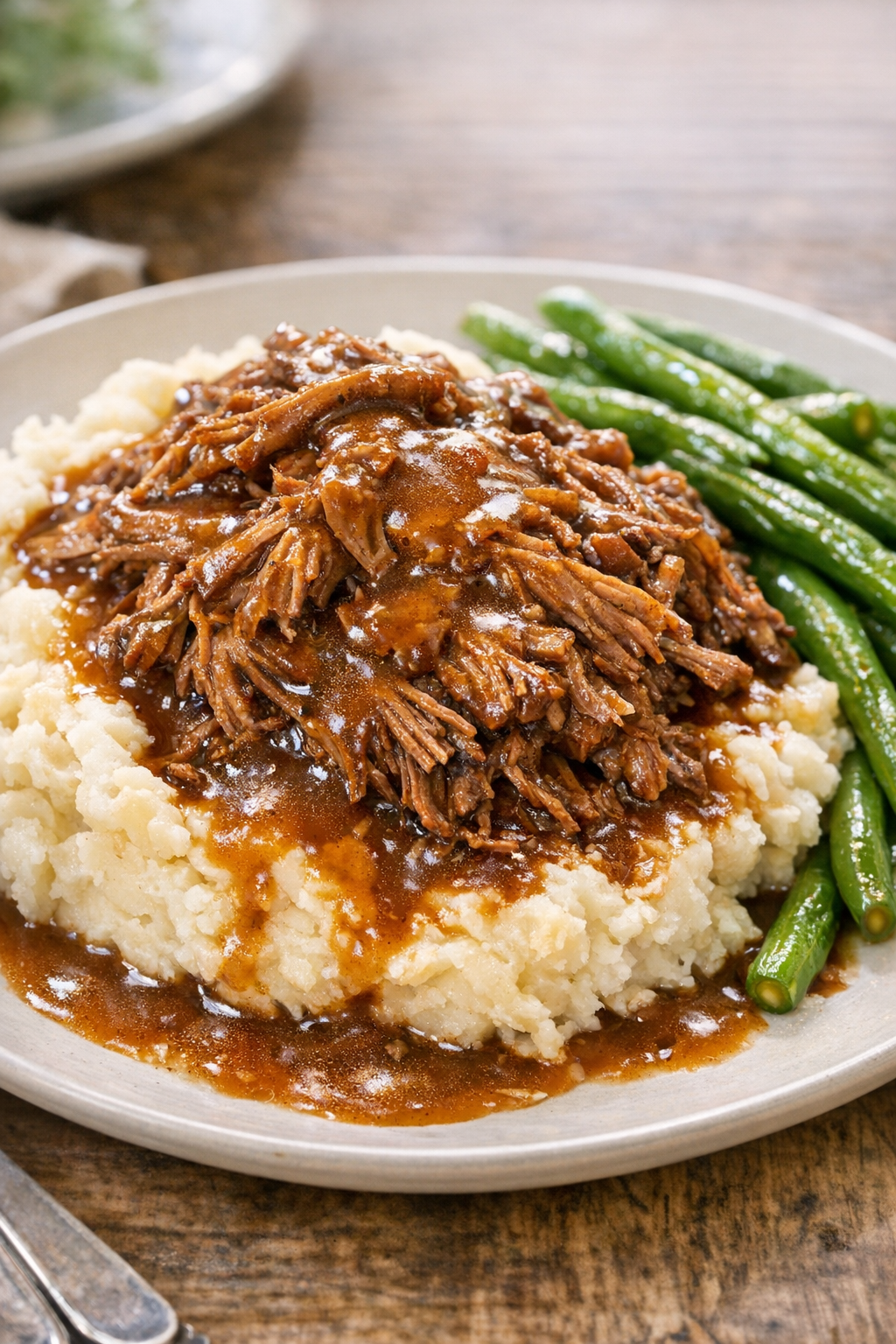 Plated shredded beef with gravy served over mashed potatoes