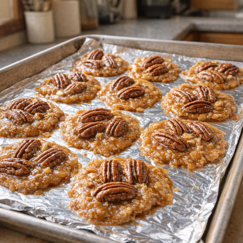 Homemade pecan pralines cooling on a foil-lined baking sheet