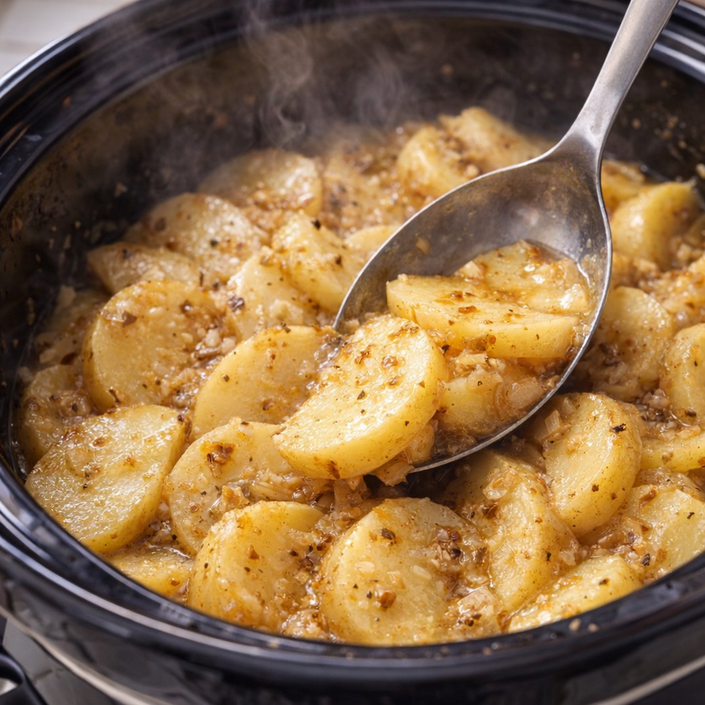 Cooked onion potatoes being stirred in the slow cooker