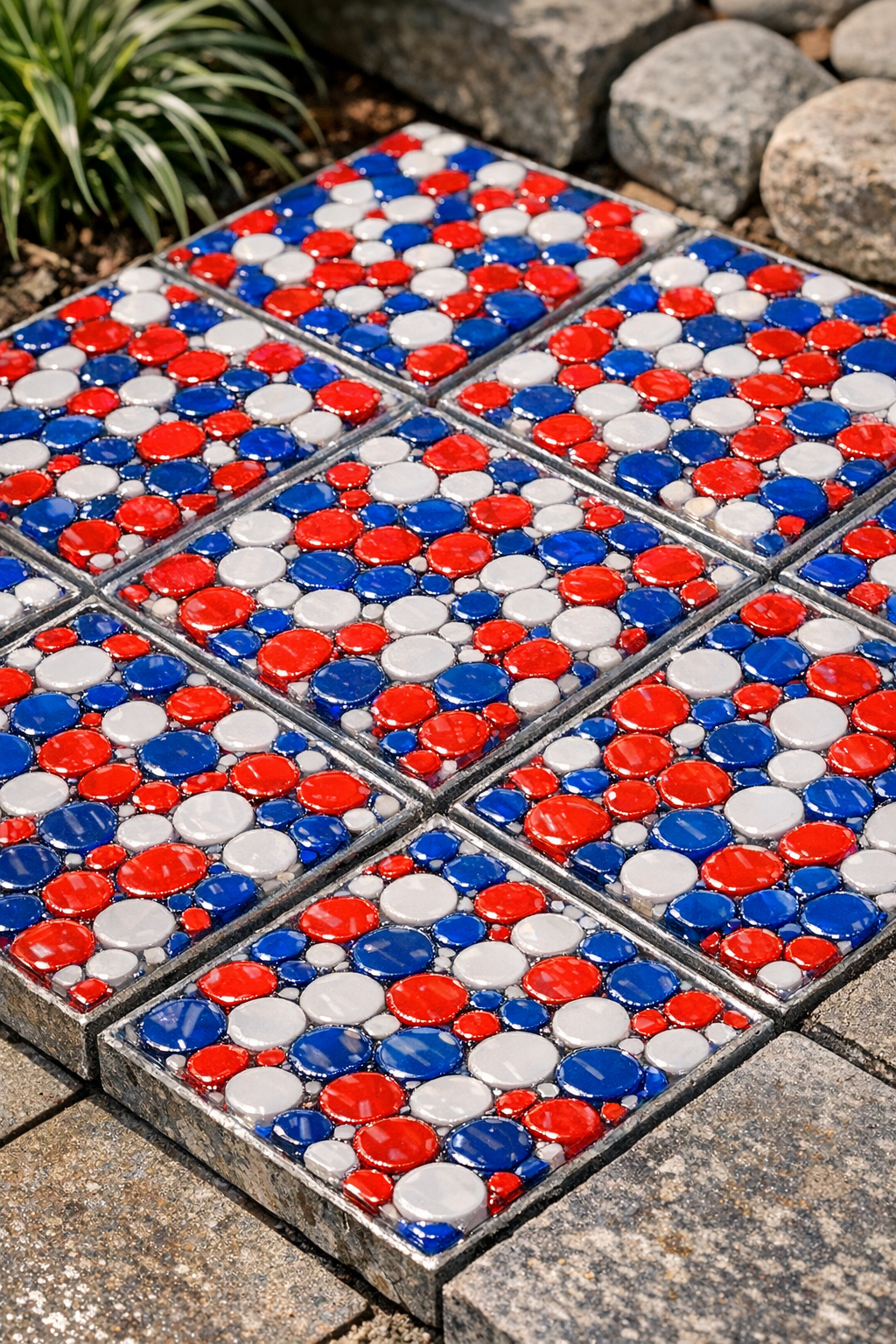 Finished red white and blue bingo chip patio tiles