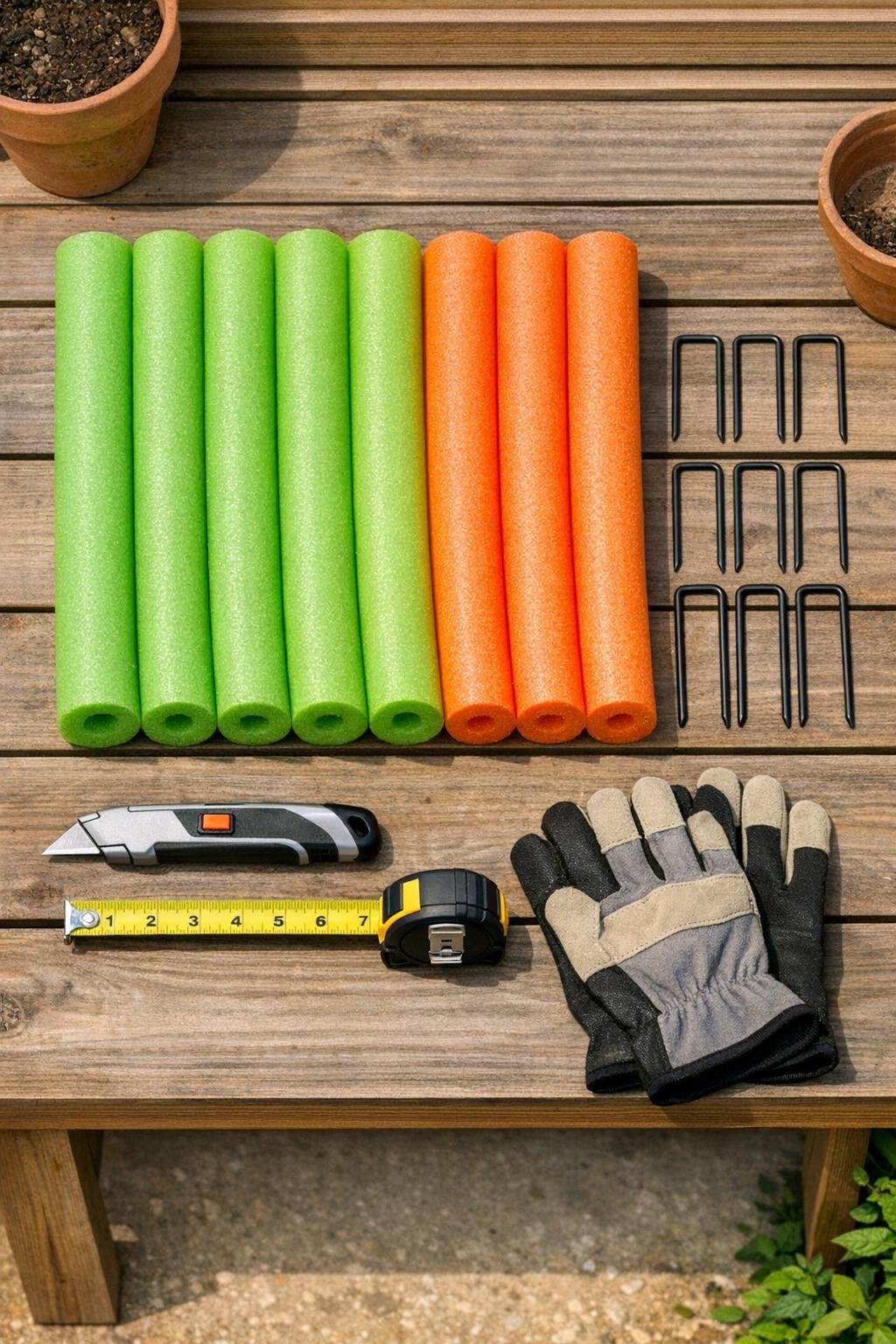 Pool noodles, landscape staples, knife, and measuring tape laid out on a potting bench
