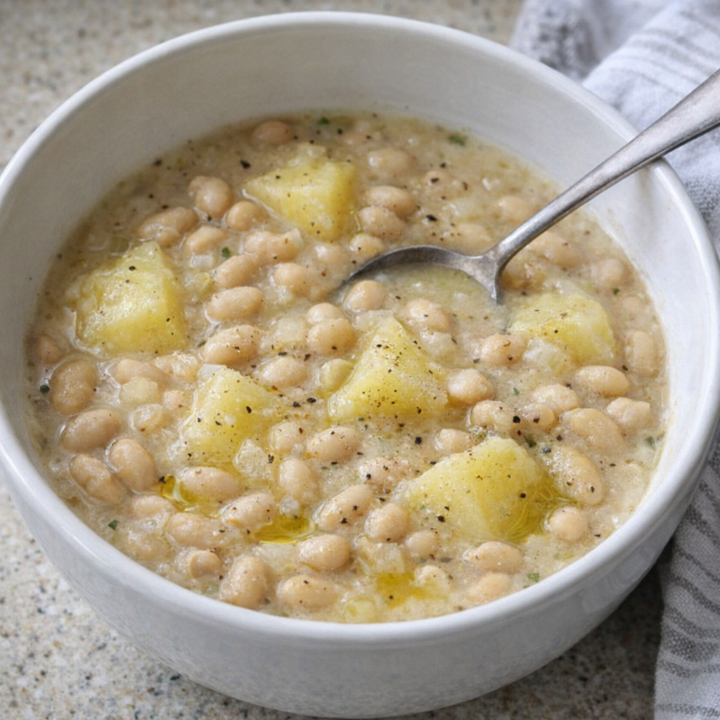 Bowl of navy bean and potato stew on a kitchen counter