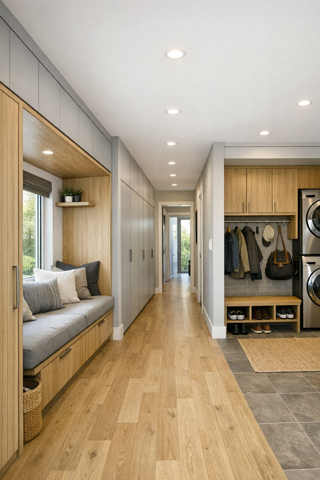 Thoughtful secondary spaces with bright hallway, built-in bench nook, concealed storage, and cohesive modern finishes