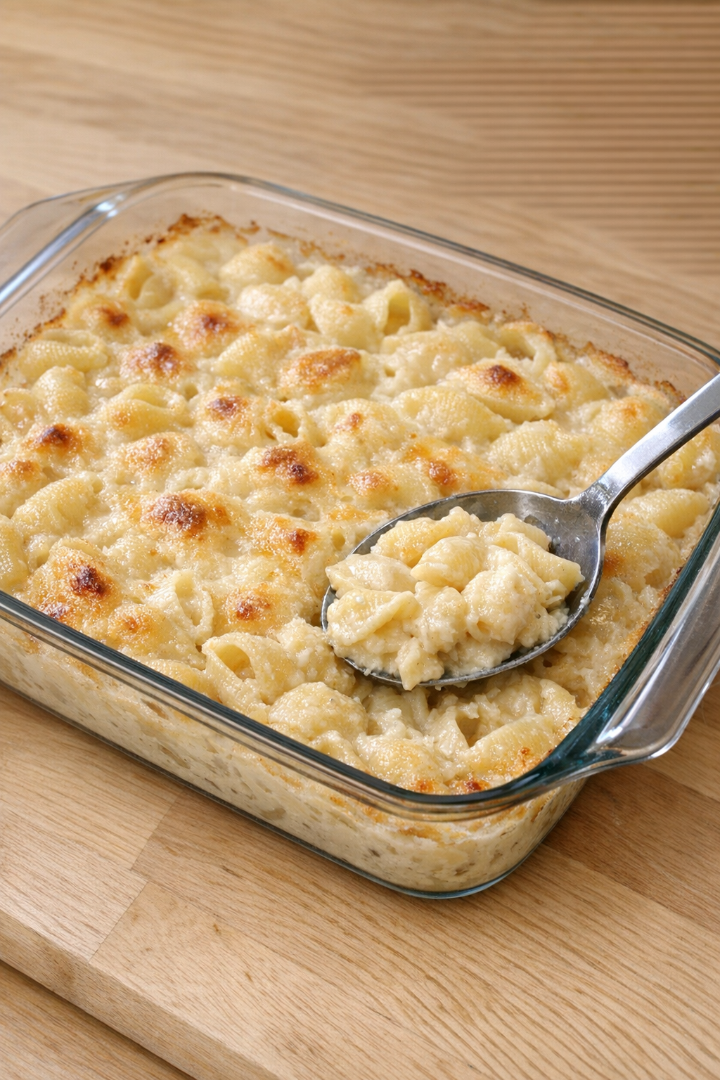 Finished baked Amish evaporated milk pasta in a glass baking dish
