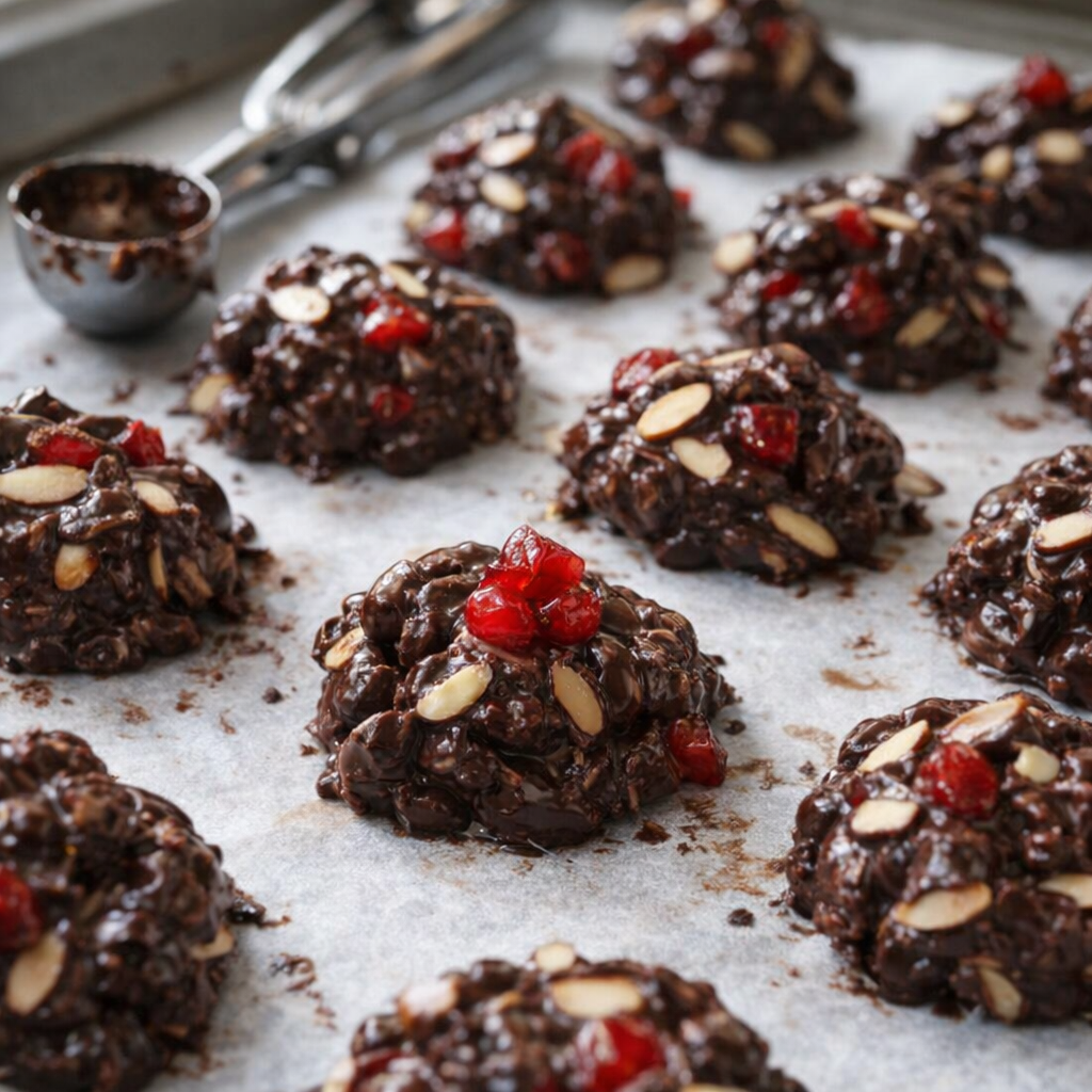 Freshly scooped chocolate cherry clusters on parchment