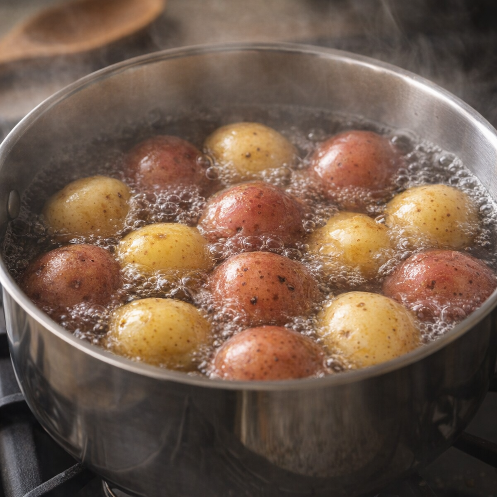 Baby potatoes simmering in a saucepan