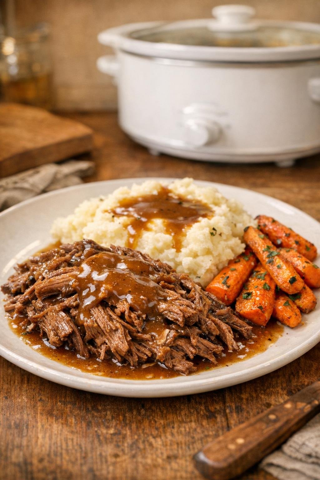 Finished plated shredded tri-tip beef with gravy
