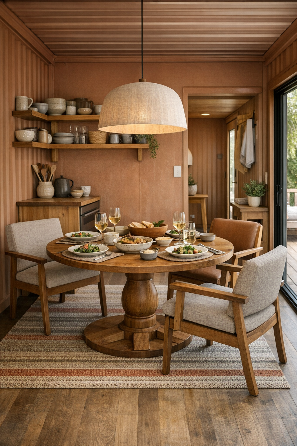 Accessible dining room with a round wood table, supportive chairs, and soft pendant lighting