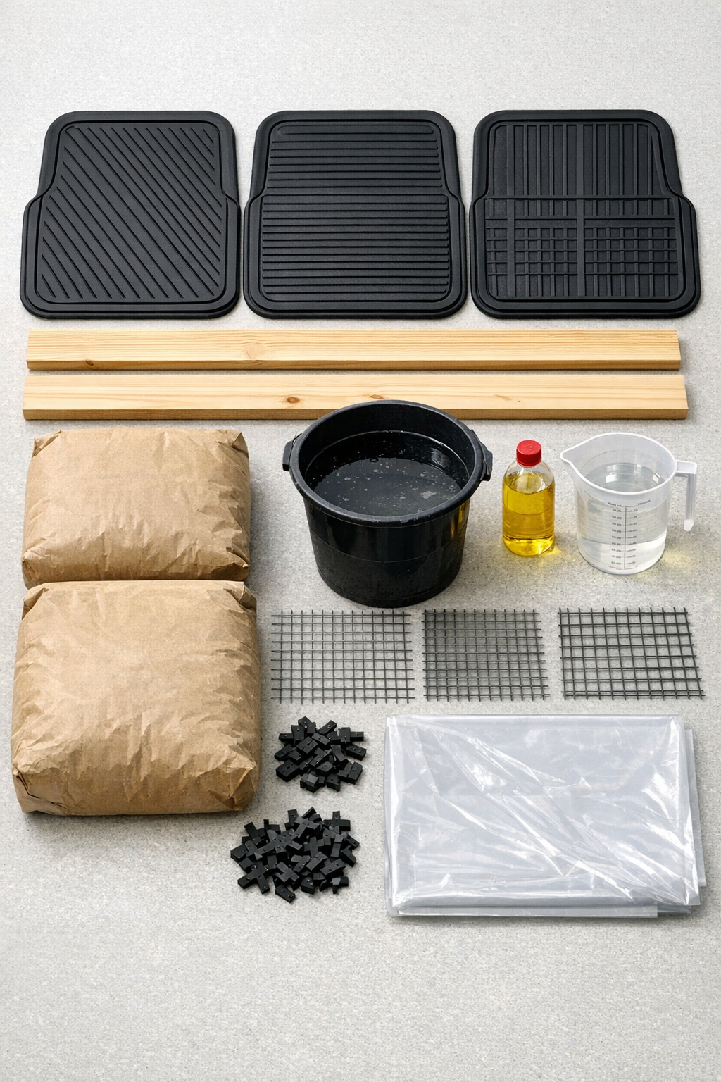 Raw materials laid out for patterned cement slabs