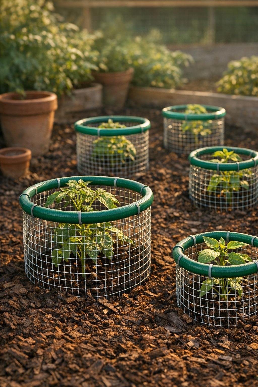 Finished plant collar warmers installed around garden seedlings