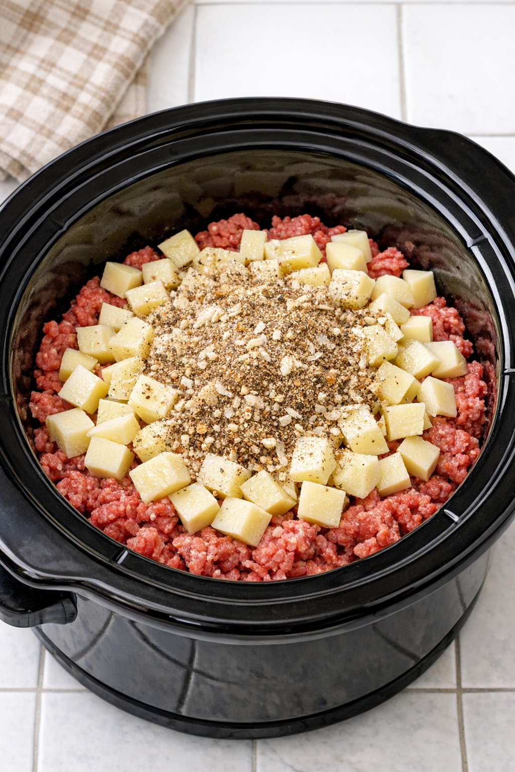 Diced potatoes and onion soup mix layered over ground beef in a slow cooker