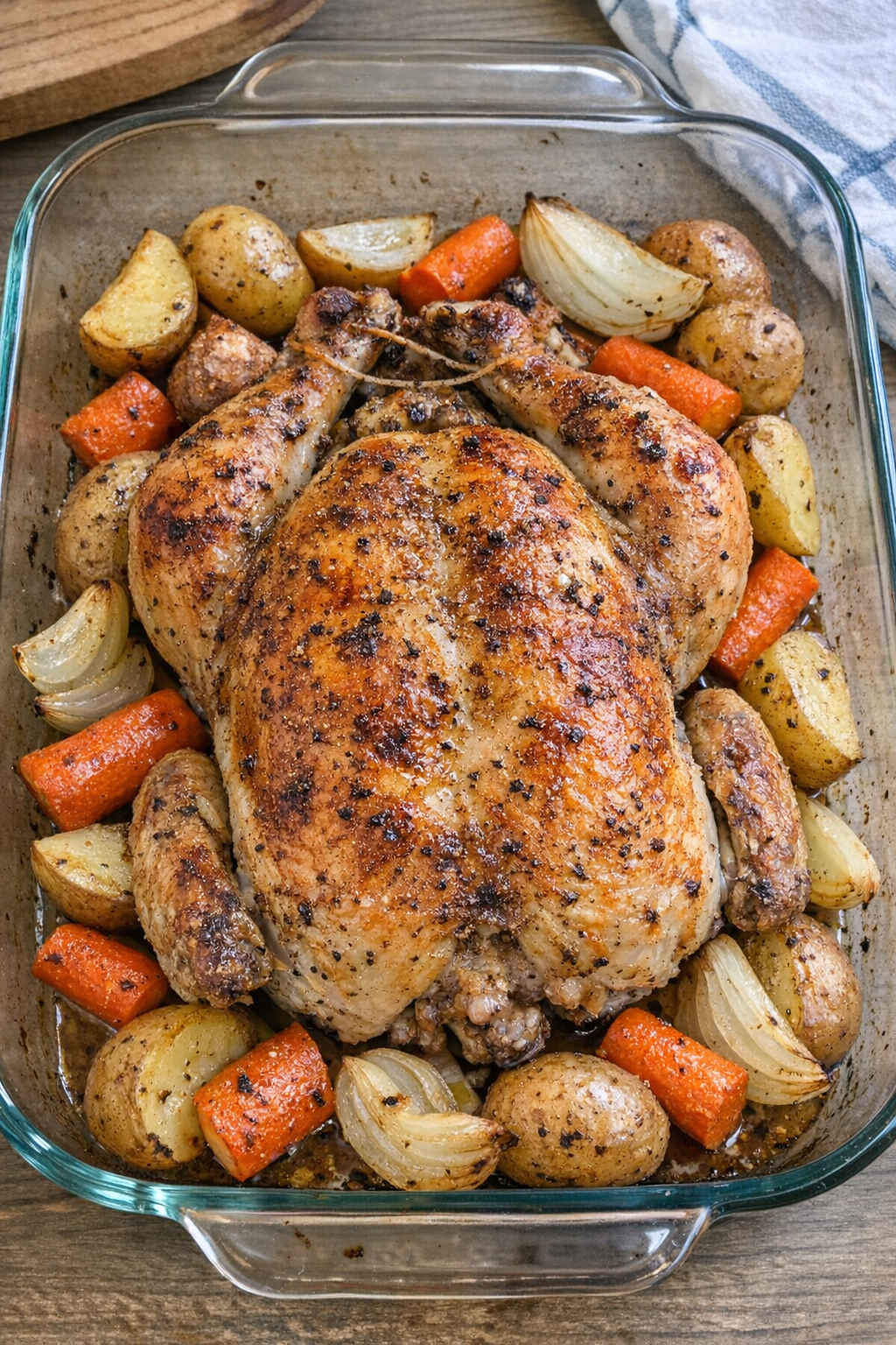 Finished roasted whole chicken in a glass casserole dish
