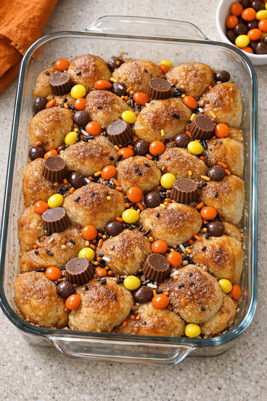 Finished Halloween biscuit dessert in a glass baking dish