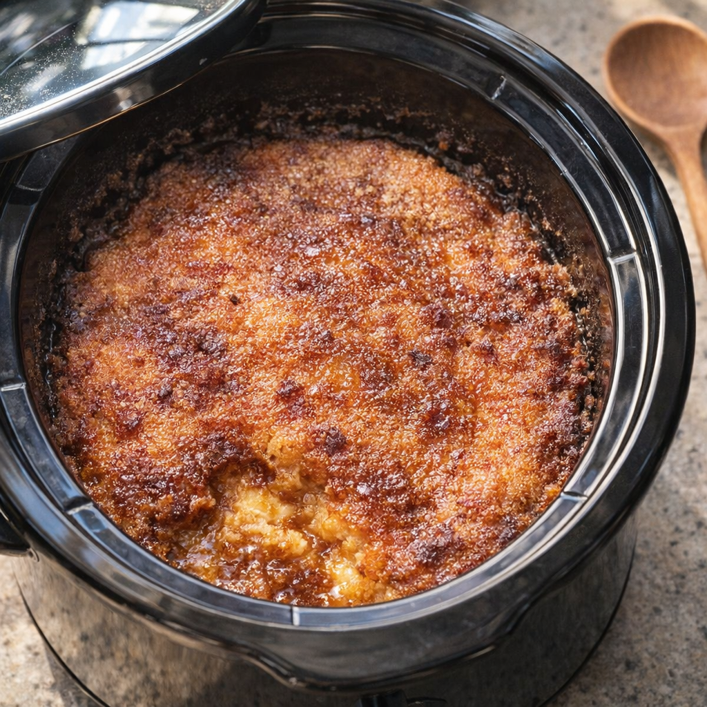 Slow cooker caramel dump dessert in a rustic kitchen setting
