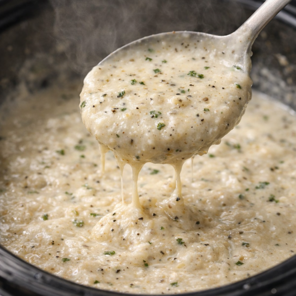 Creamy pork chop sauce with a spoonful lifted up