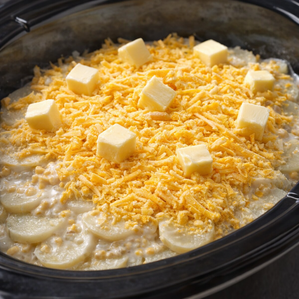 Cheese and butter topping the potatoes before cooking
