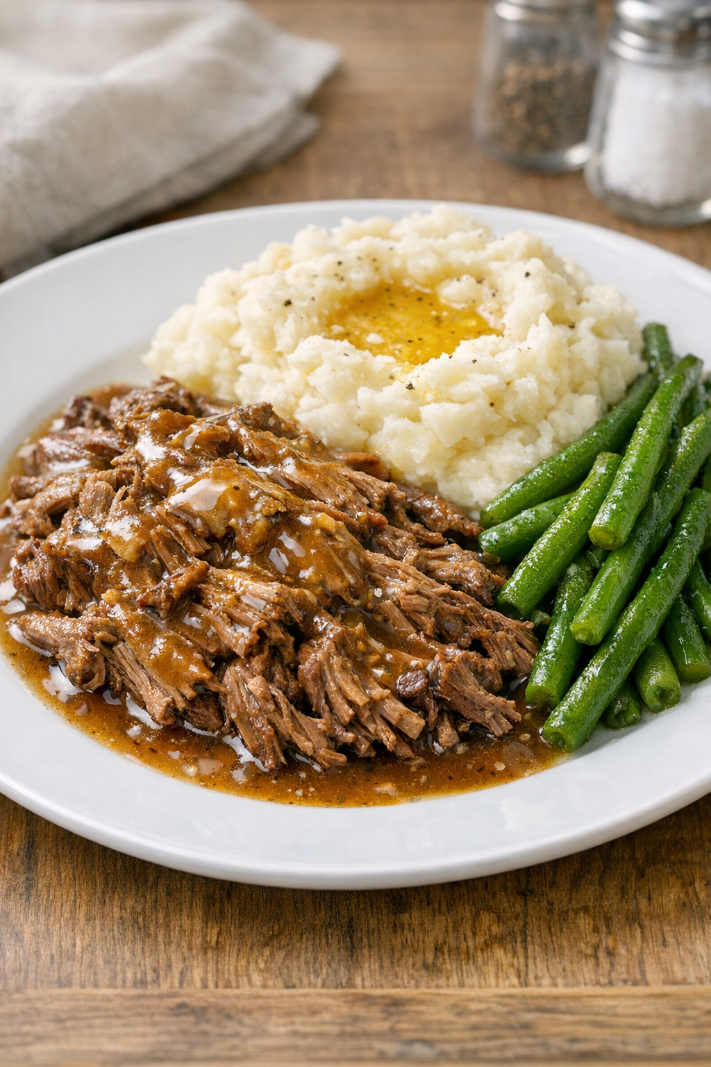 Plated Amish butter beef with mashed potatoes and green beans