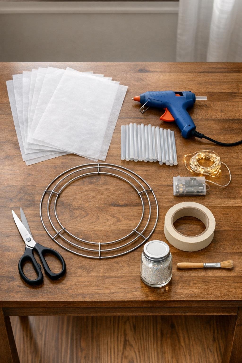 Materials laid out for the hot glue icicle wreath project