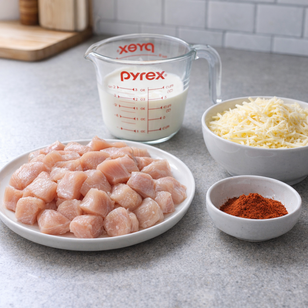 Chicken, cream, paprika, and shredded cheese arranged for prep