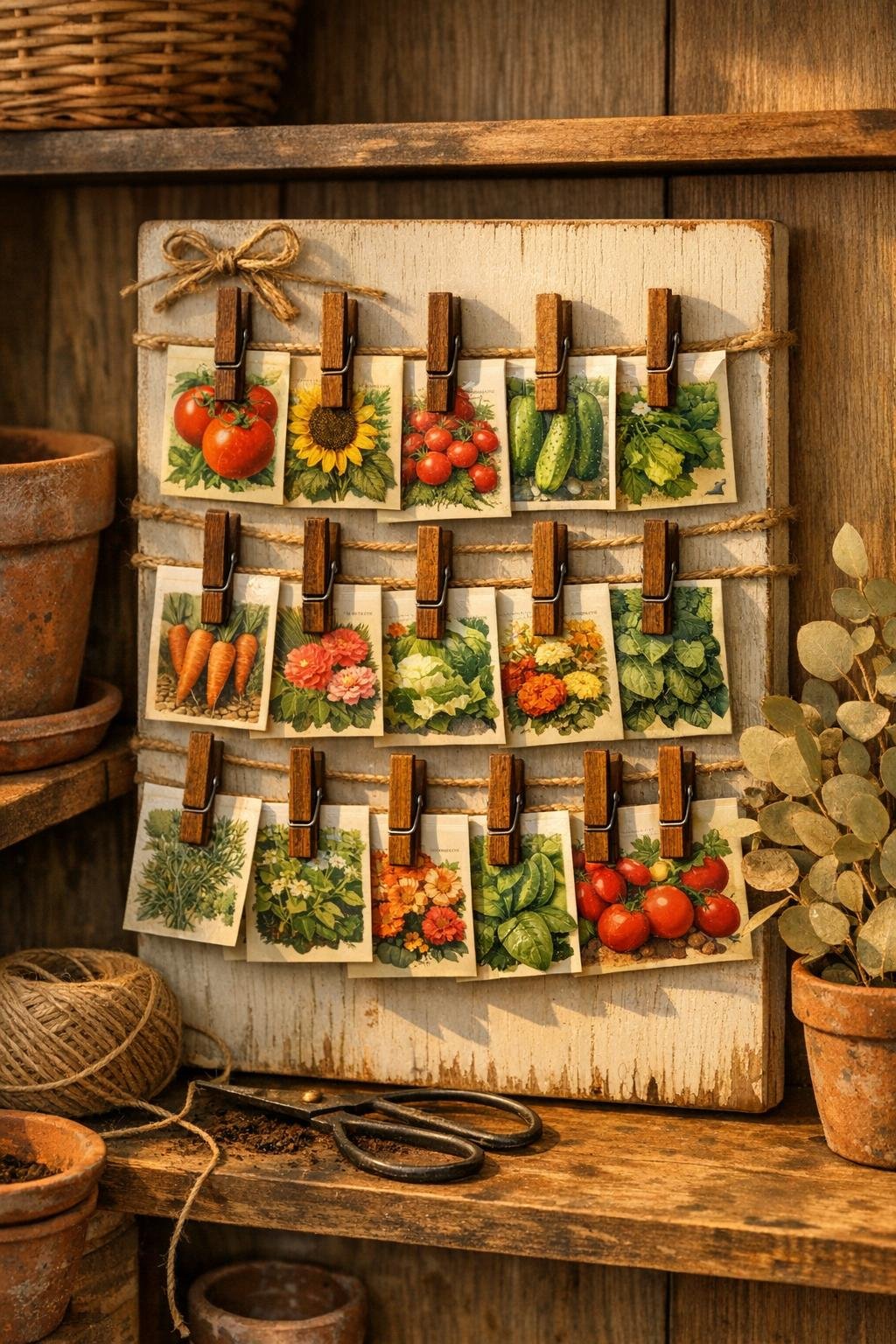 Finished fall seed envelope holder made from baked wooden clothespins displayed on a potting shed shelf