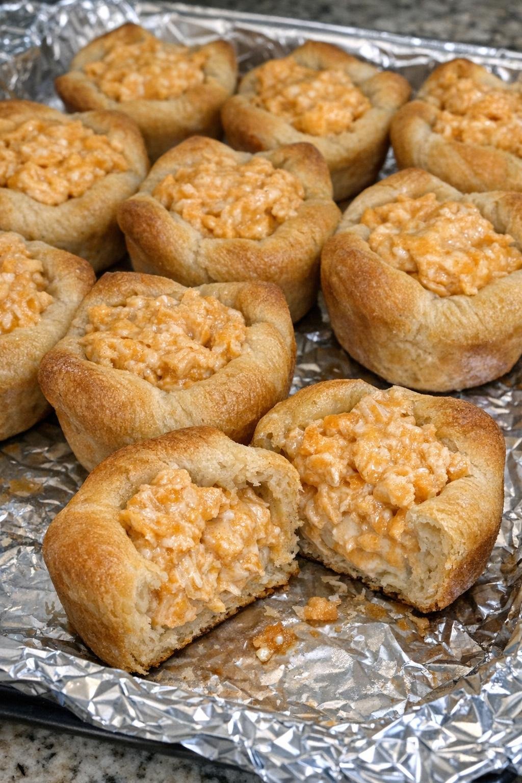 Golden crescent pastry cups with creamy buffalo chicken filling on a foil-lined tray