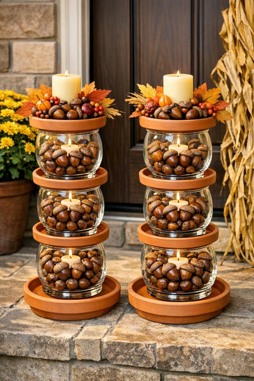 Finished autumn centerpiece display with acorns in stacked glass holders on clay saucers