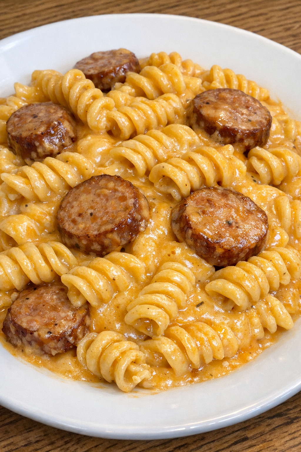 Finished creamy Velveeta sausage pasta