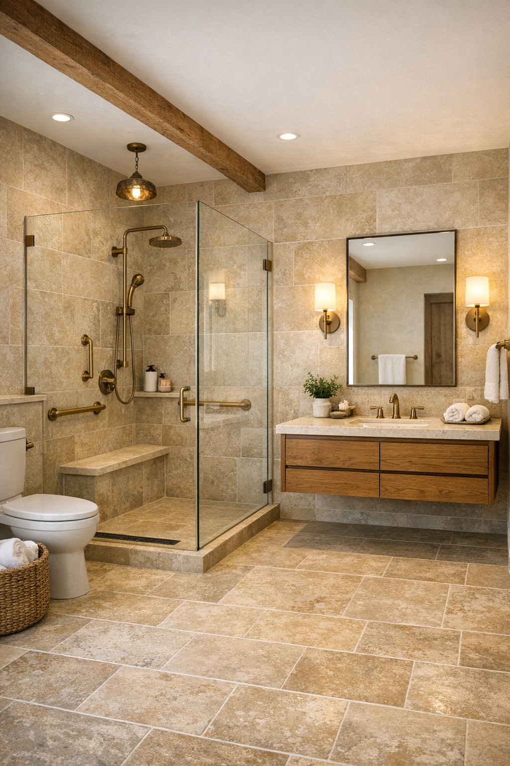 Elegant accessible bathroom with curbless shower, warm stone tile, and oak vanity