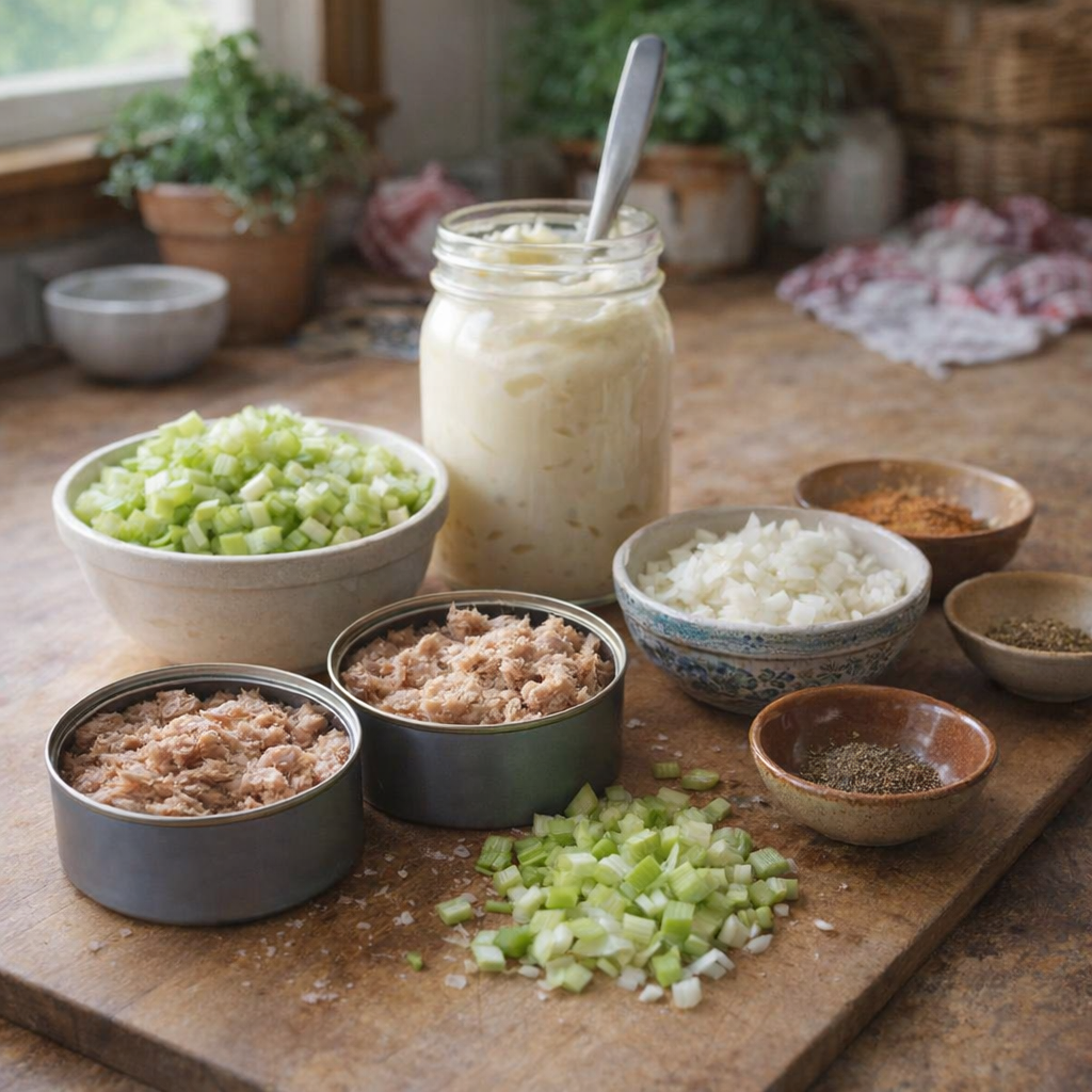 Tuna salad ingredients arranged on a kitchen counter