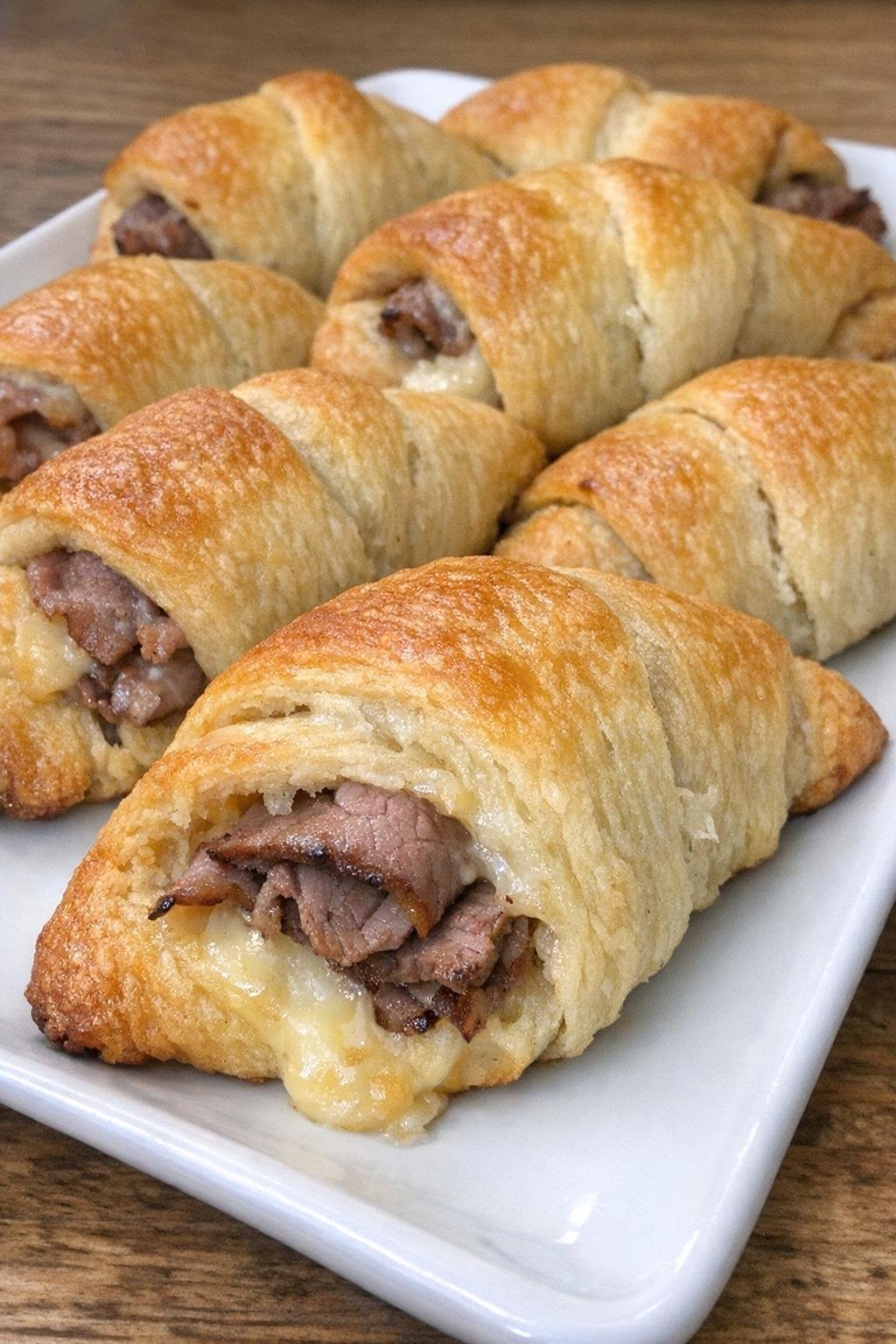 Golden brown crescent parcels with roast beef and Dubliner cheese on a white platter