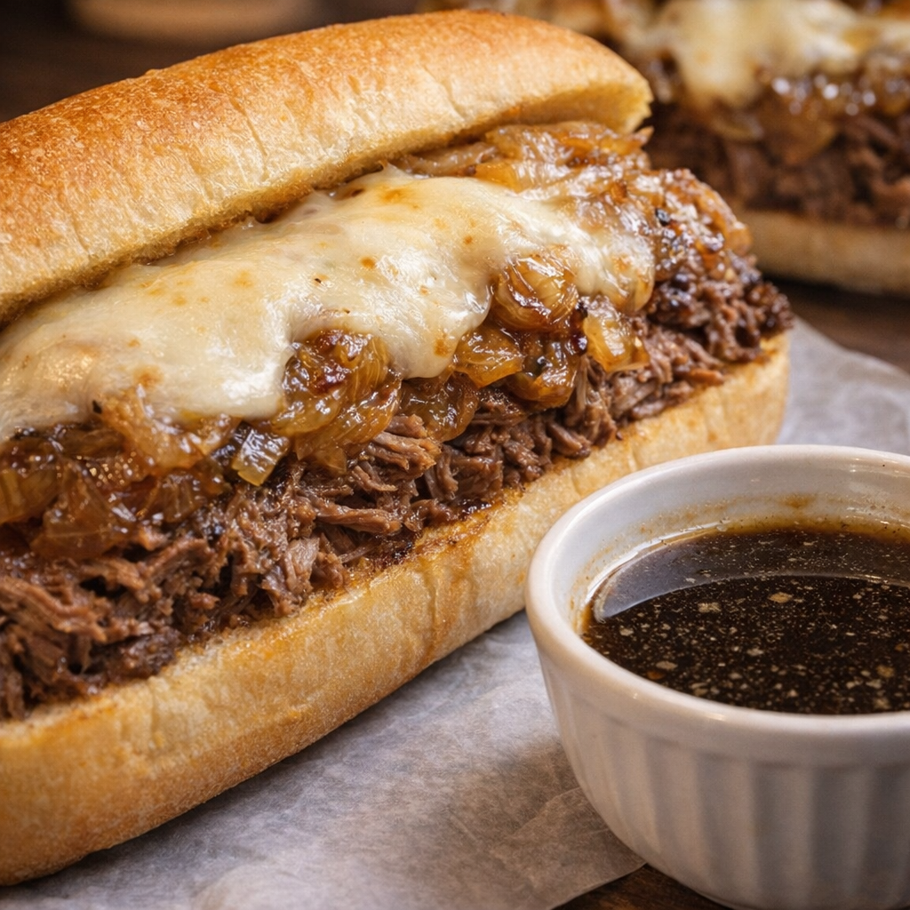 French dip sandwich with melted cheese and onions