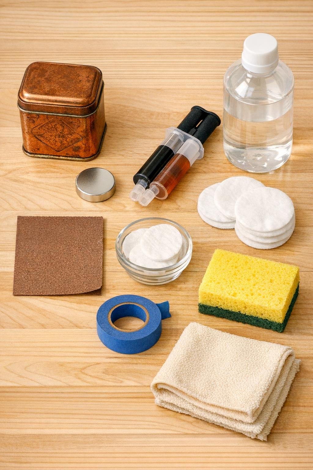 Materials for making a magnetic sponge holder laid out on a counter