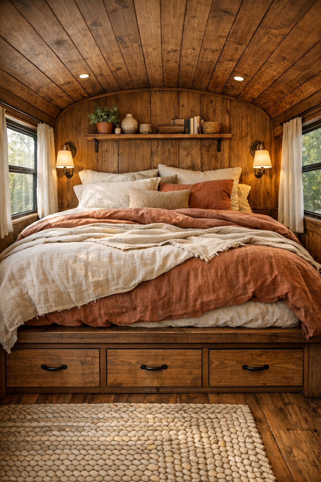 Peaceful rustic bus bedroom with layered linen bedding and wood walls