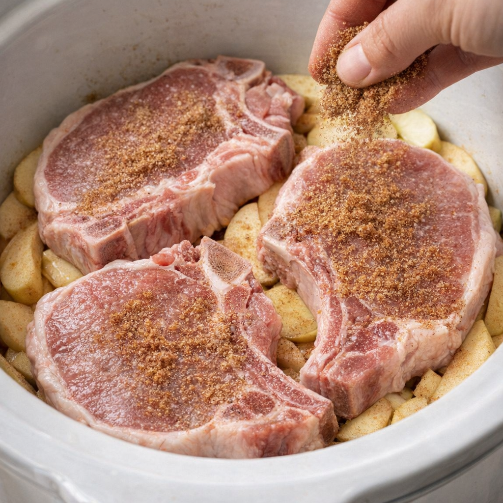 Pork chops arranged over apples in the slow cooker