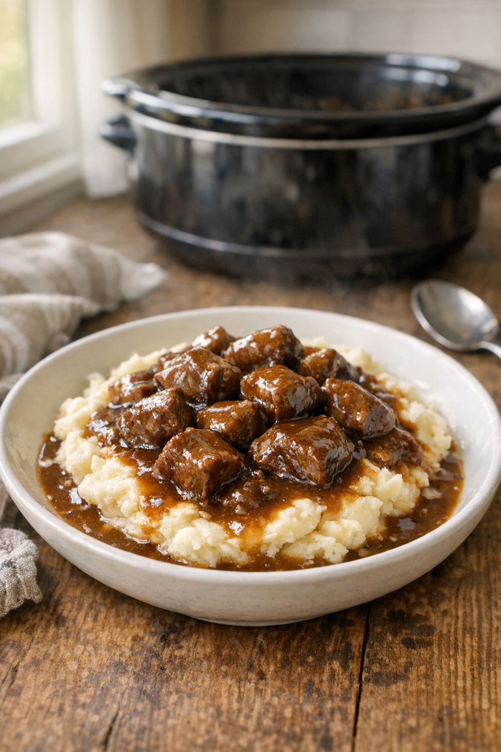 Tender beef tips with rich brown gravy served over mashed potatoes