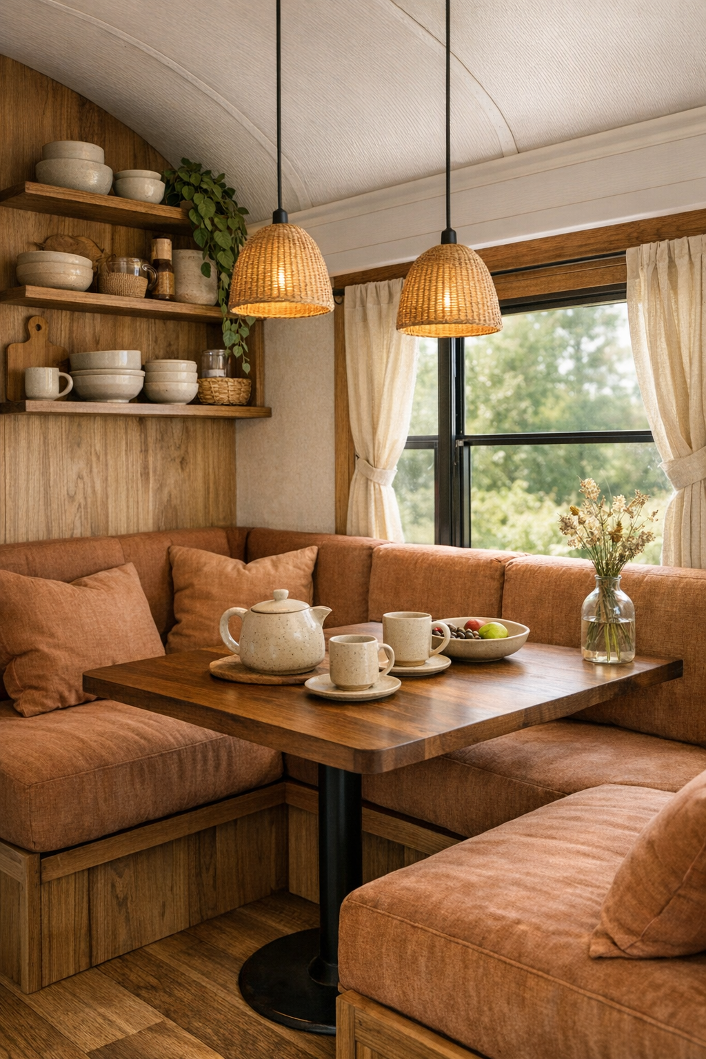 Built-in dining nook inside a converted bus with banquette seating