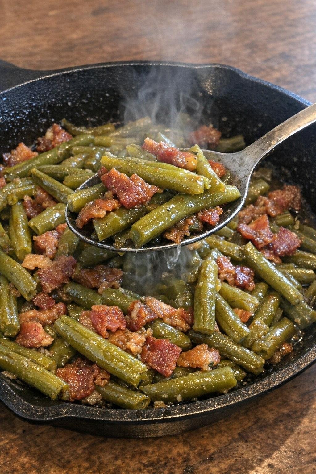 Finished skillet green beans with bacon