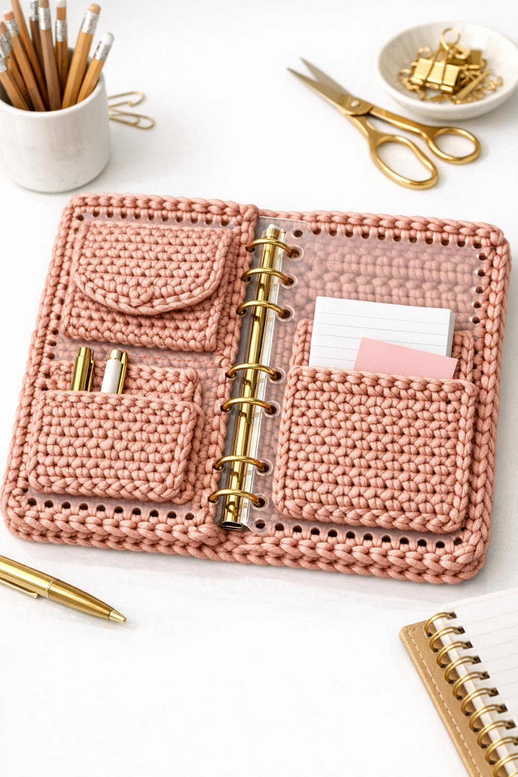 Finished rose gold crochet planner cover made from a plastic cutting board