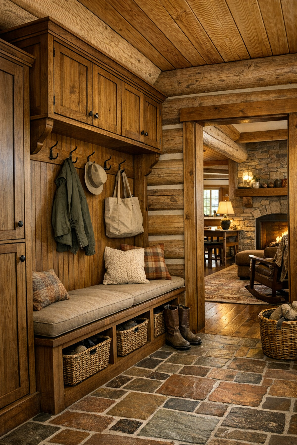 Charming entry and hallway with built-in bench, stone floor, and Amish millwork