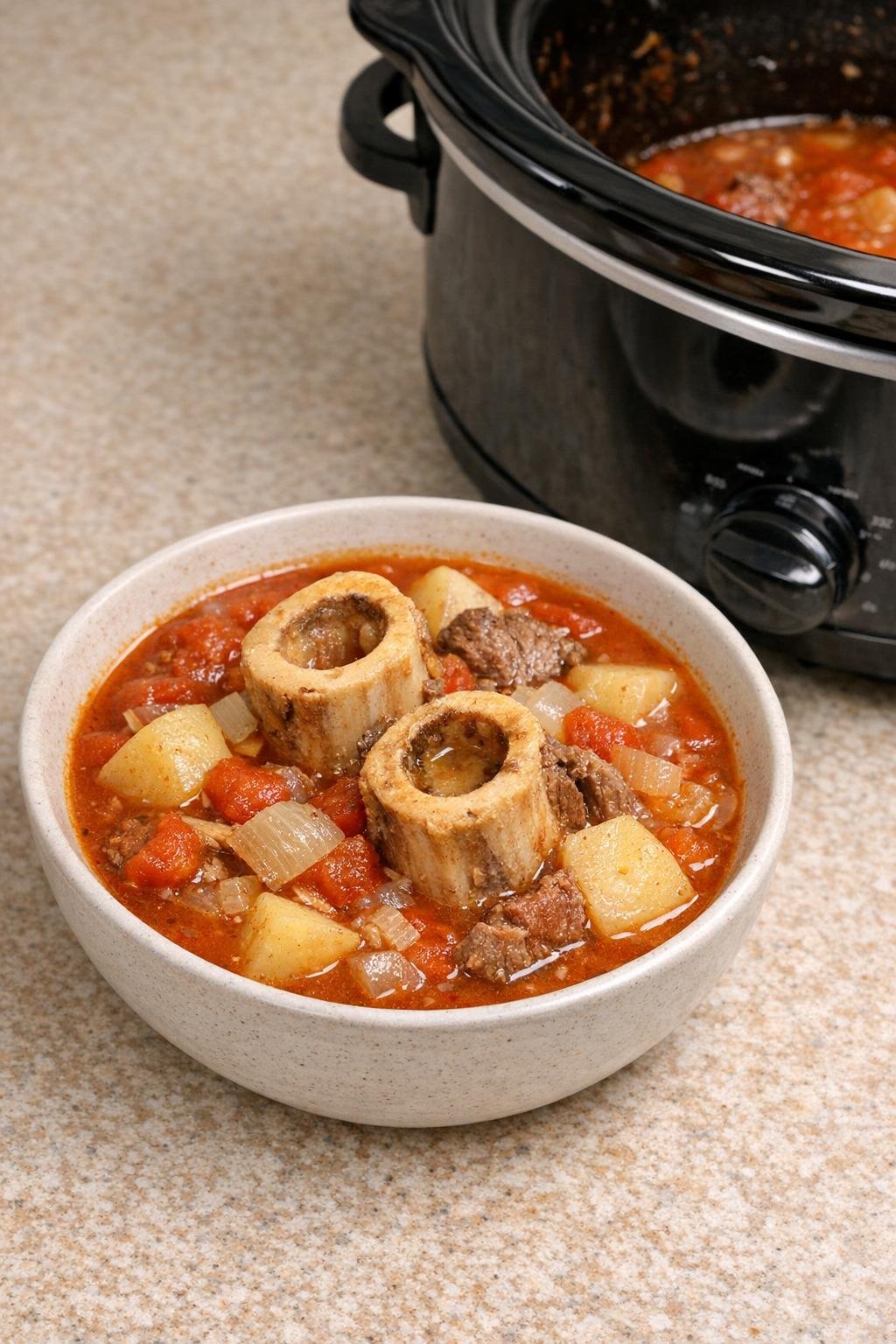 Finished bowl of beef marrow bone tomato stew with potatoes and onions