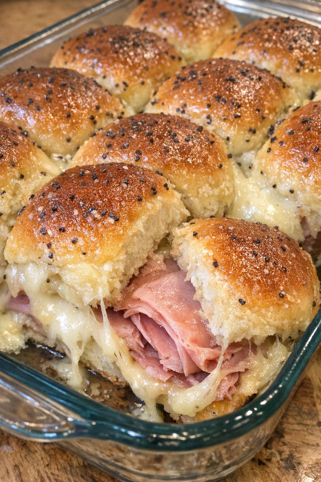 Buttery golden sweet roll sliders in a glass casserole dish