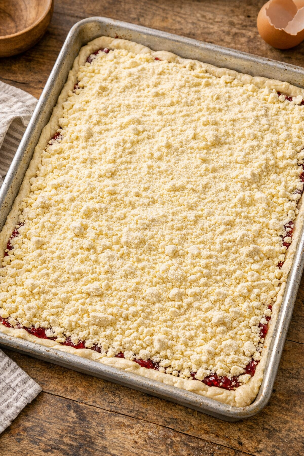Dry cake mix covering raspberry layer