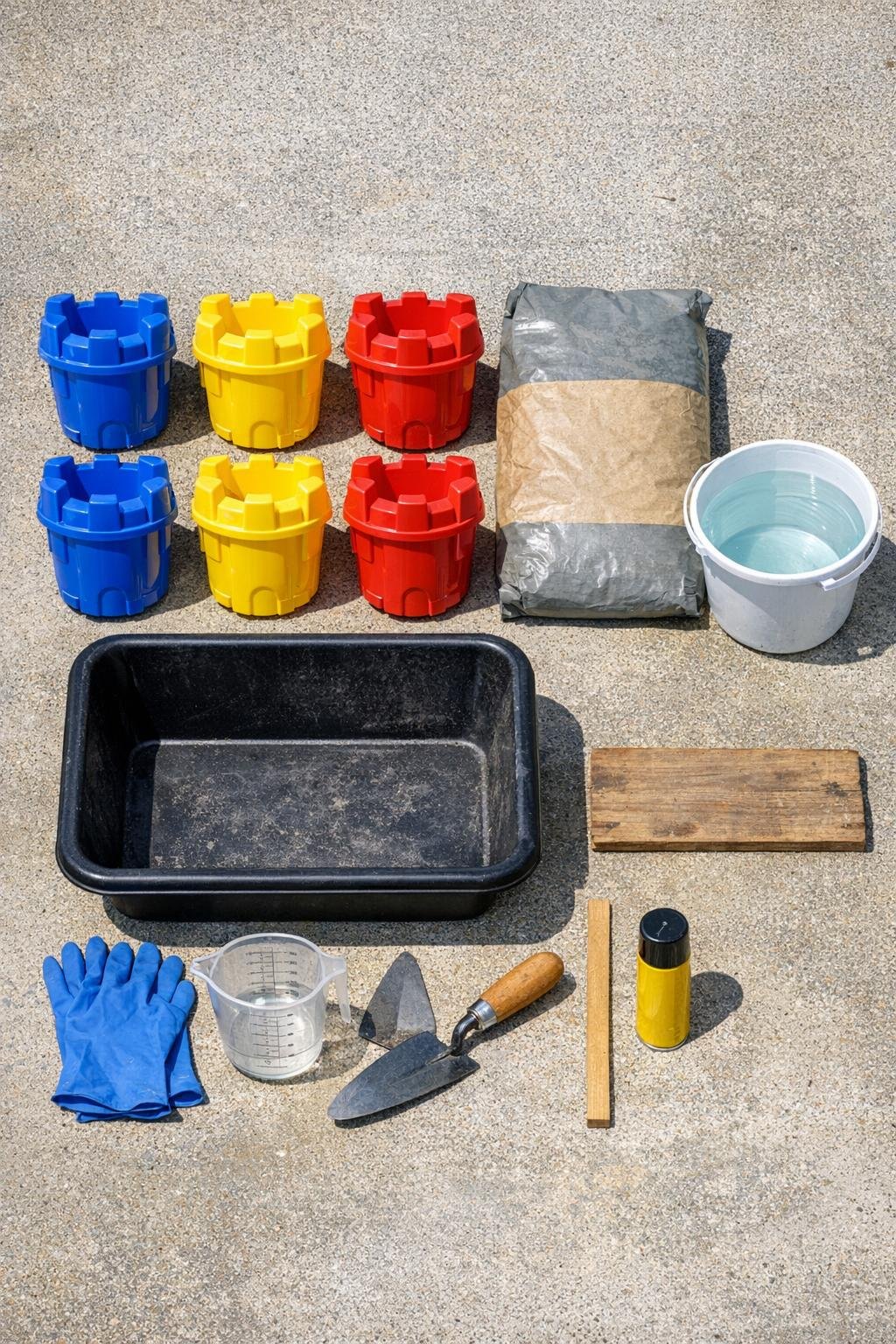 Plastic sandcastle buckets, cement mix, water bucket, release spray, and basic tools laid out for the project