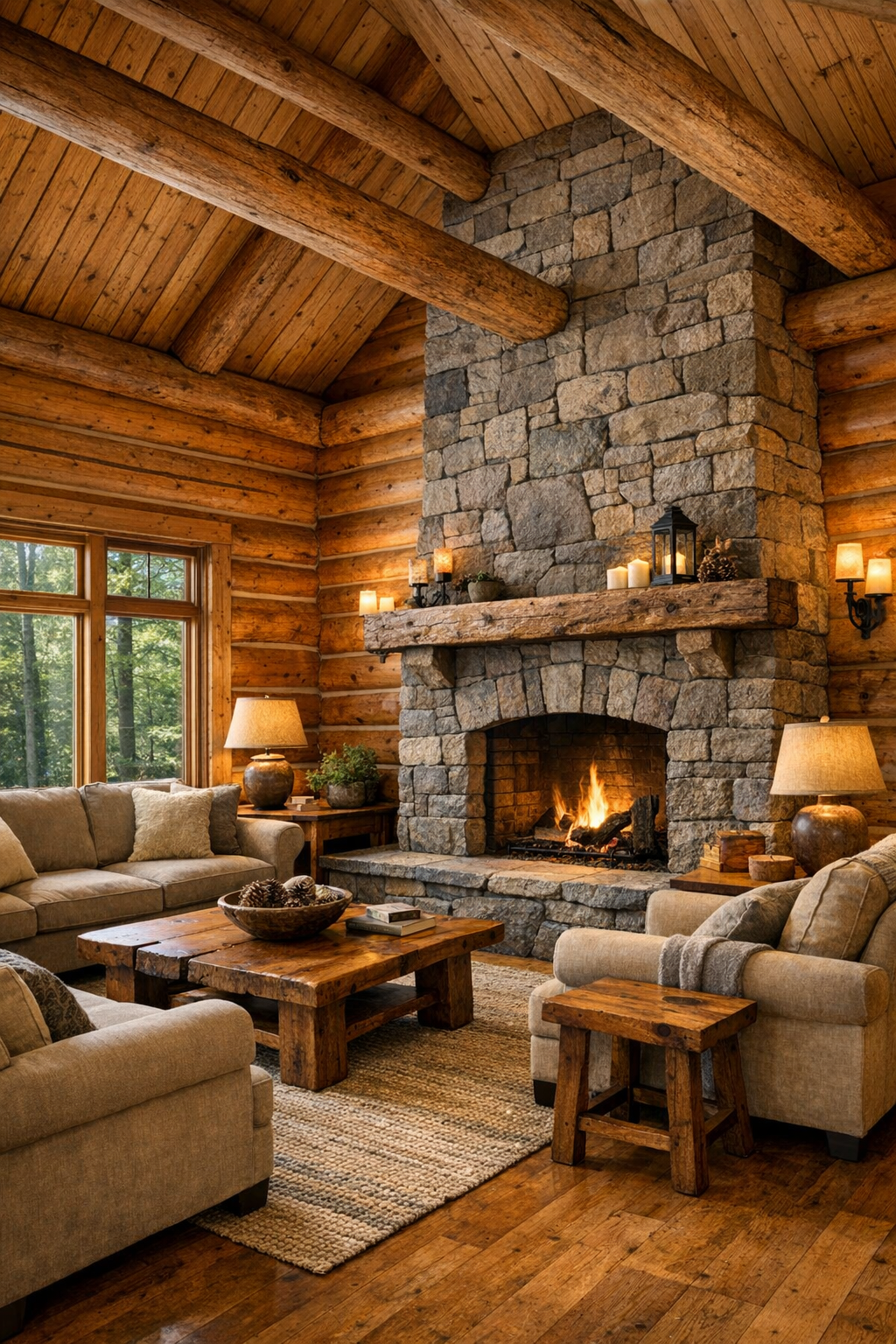 Warm log living room with stone fireplace and handcrafted wood furniture